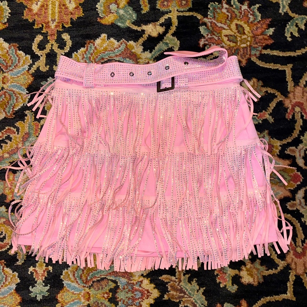 Pink Fringe Mini Skirt with Diamond Detail - Size Small (4-6). Never worn.